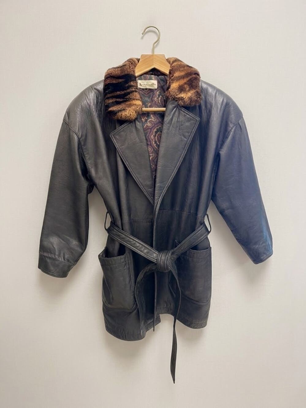 80s Black Leather Trench Coat Faux Fur Collar Mob Wife Belted Union Label